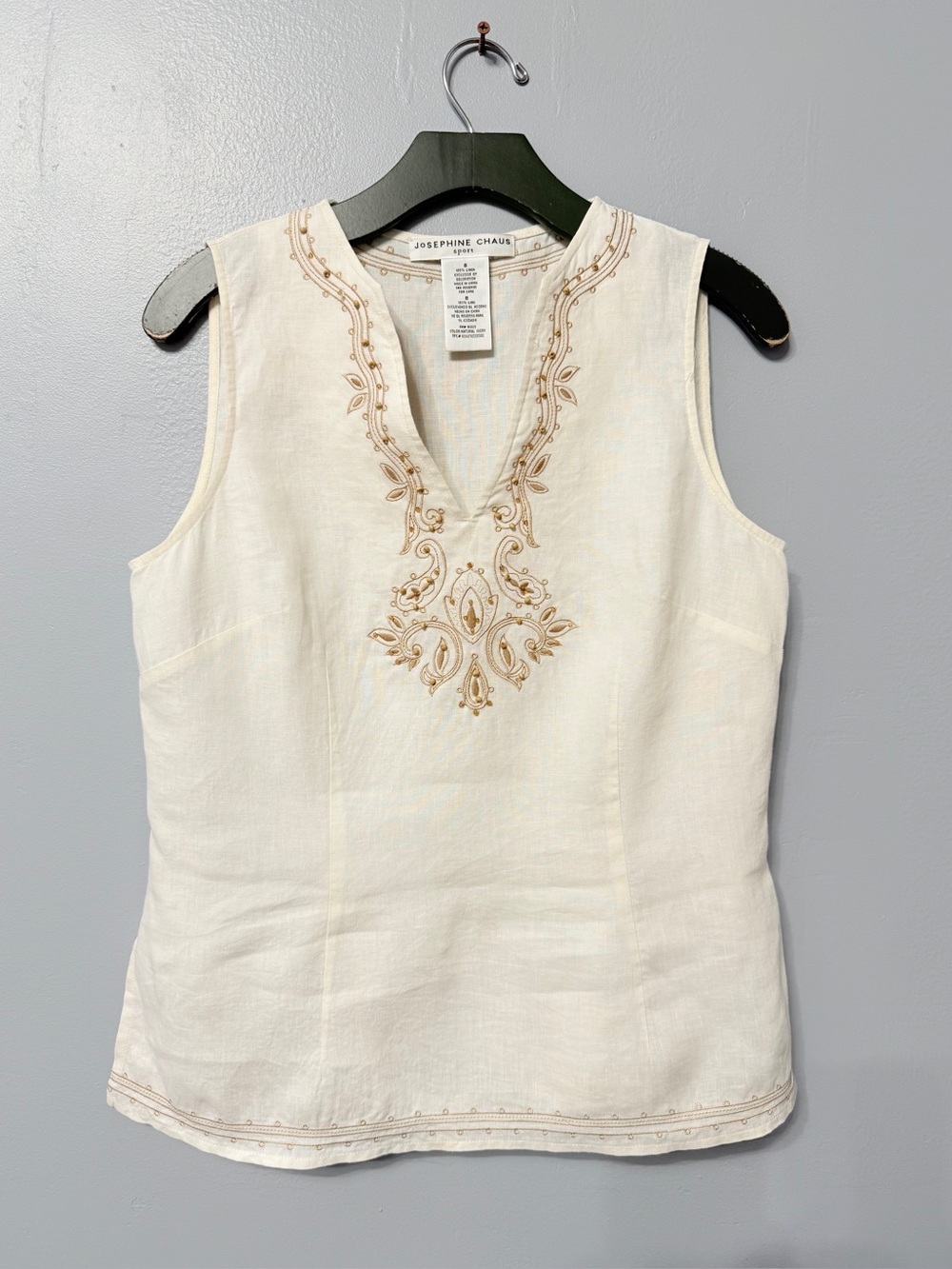 #17)  Josephine Chaus Cream 100% Linen Sleeveless Top with Gold Embroidery